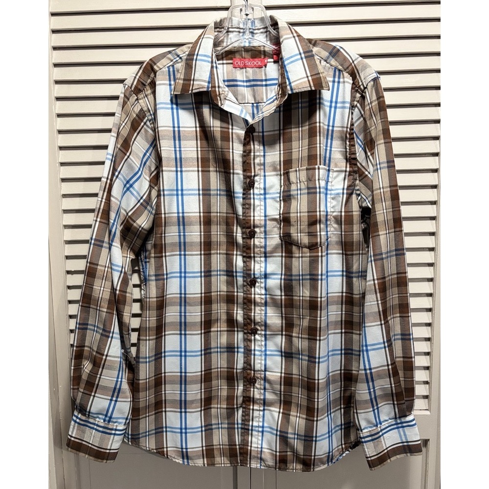 Old Skool Button Up Shirt‎ Mens Plaid Brown/Blue Sleeve Size M Pockets Casual